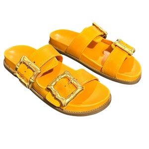 SCHUTZ Enola Sporty Leather Big Bamboo Buckle Hardware Slide Sandals Yellow Gold